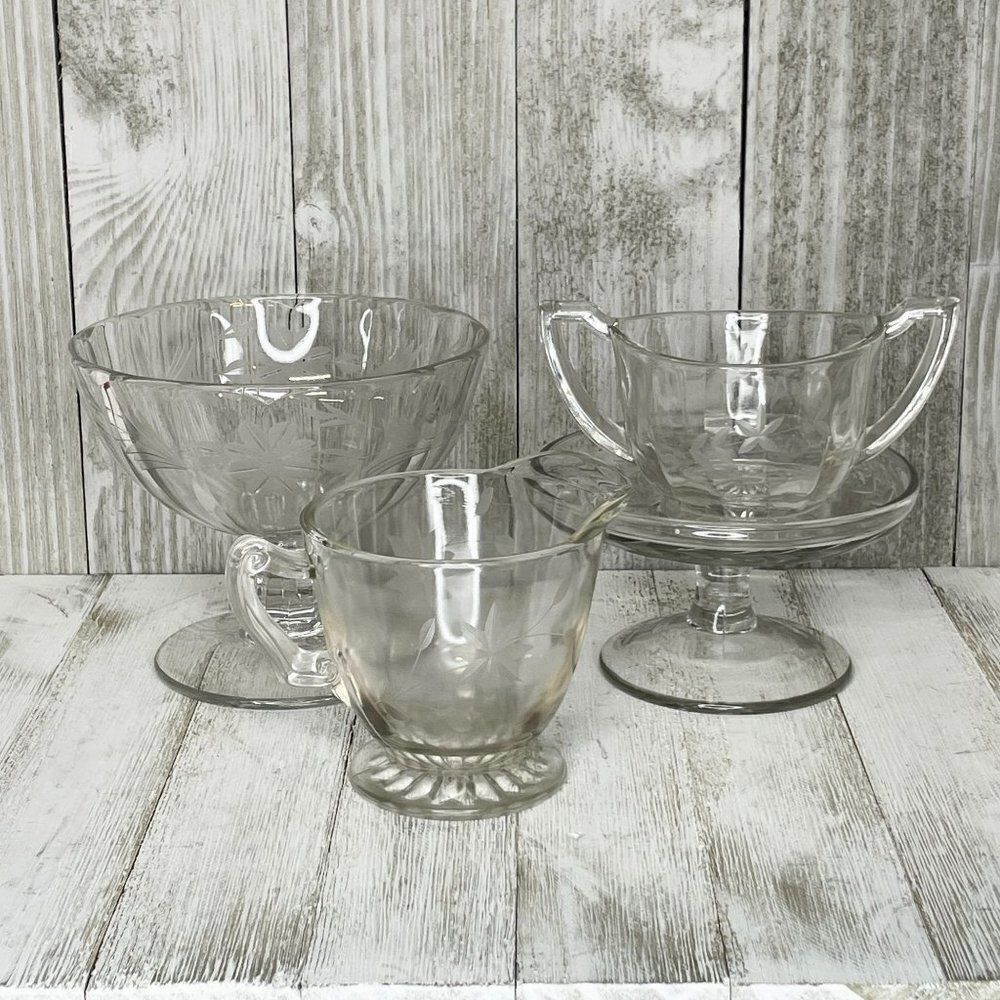 Vintage Etched Clear Depression Glass Sugar Bowl and Creamer Set 4 Pieces
